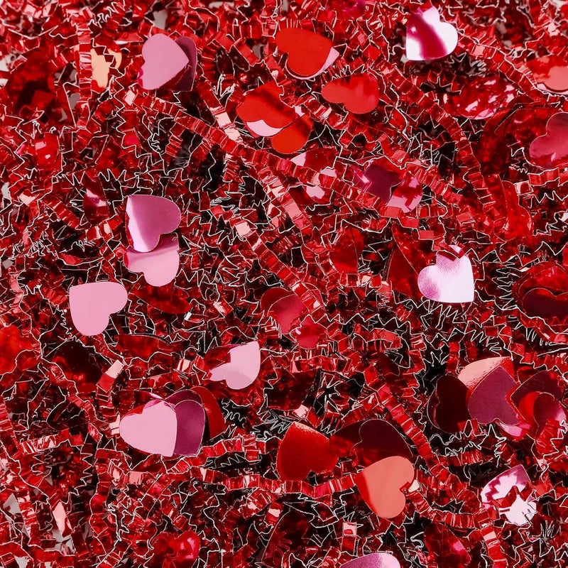 Jansun 115g/4oz Valentine's Day Crinkle Cut Paper, Metallic Red Paper Shred Filler with Red Pink Heart Confetti for Gift Wrapping Craft Gift Box Basket Filler Valentines Wedding Party Decorations - Image 1